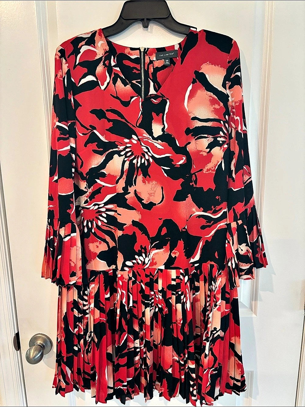 The Limited Floral Pleated Midi Dress in Red & Black